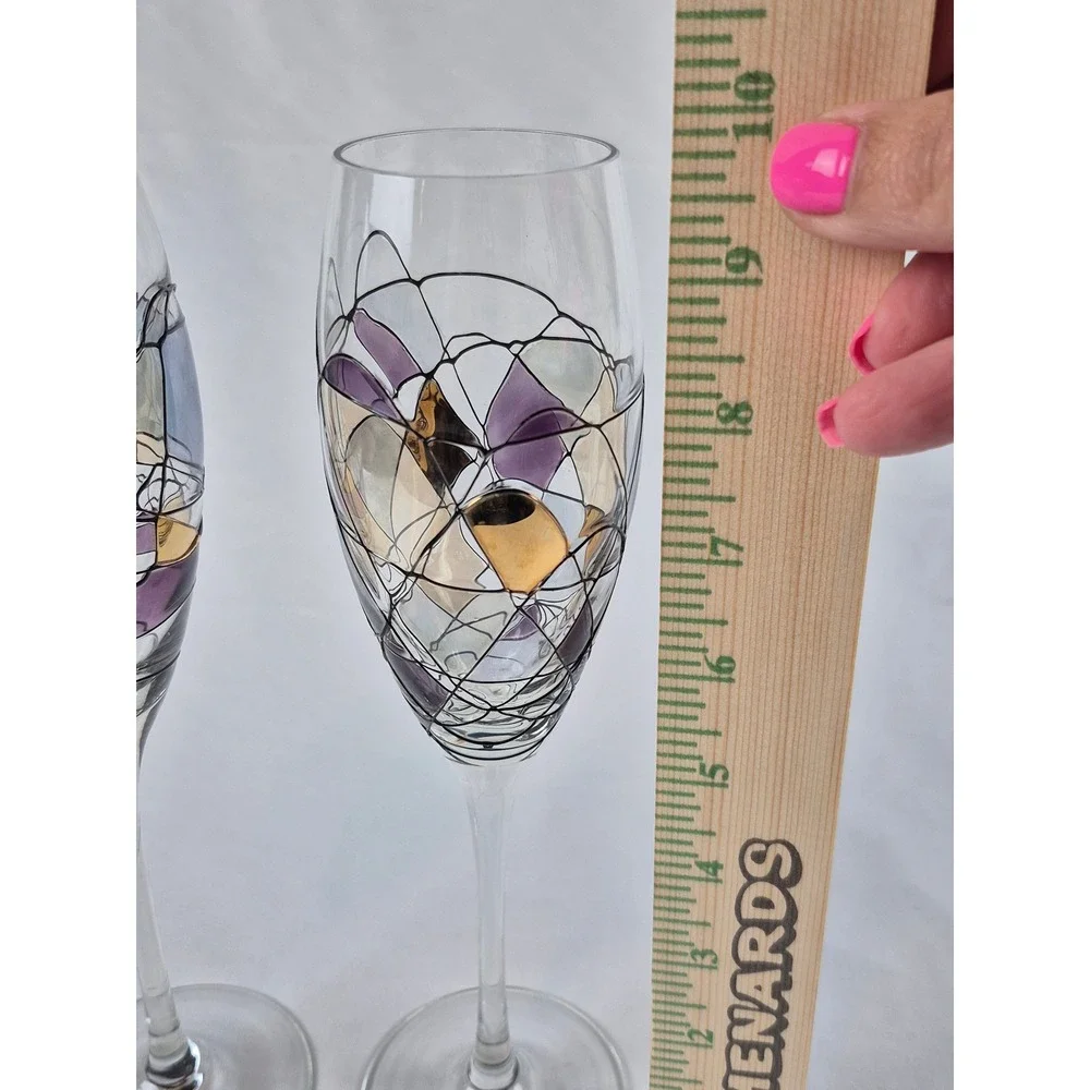Set 2 Hand Painted Art Glass Champagne Flutes Abstract Gold Purple Toast Glasses